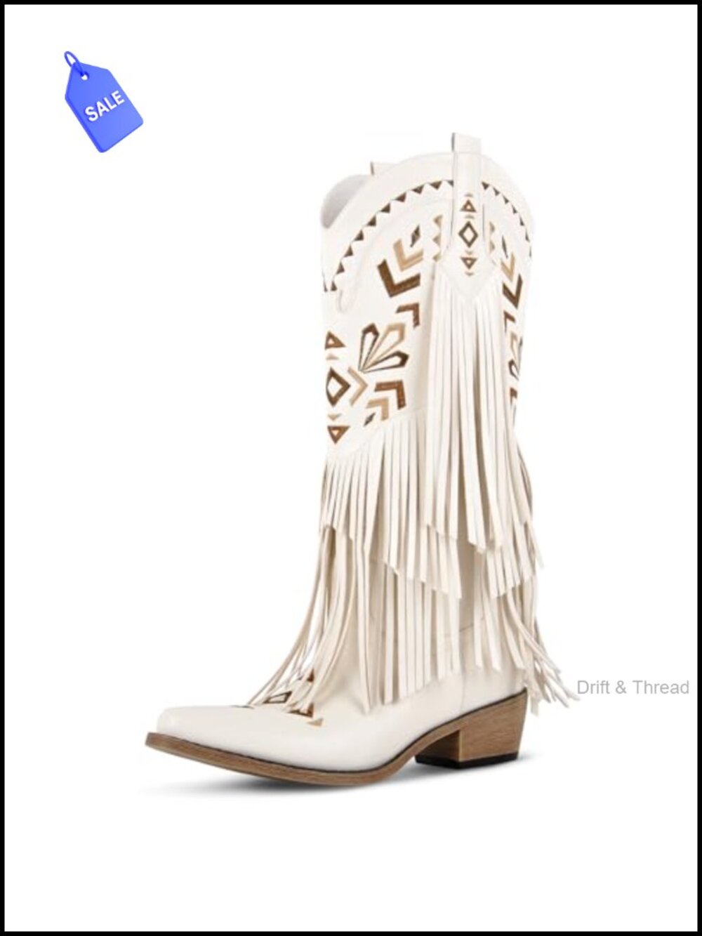 Faux Leather Fringe Cowboy Knee High Boots Chunky Heel Embroidered Snip Toe
